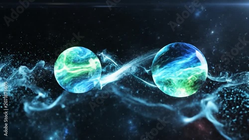 Two Glowing Blue Cosmic Orbs Interacting with Energy Streams in a Nebula