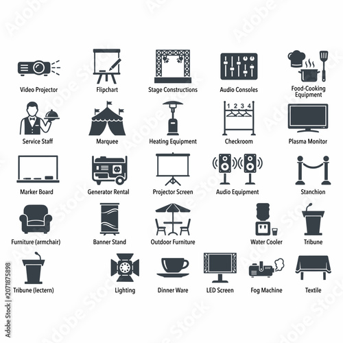 Slika na platnu A comprehensive collection of black and white icons representing various event rental equipment and services for business and party planning