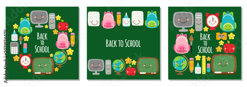 Back to School Posters Set with Cute Kawaii School Supplies and Classroom Characters