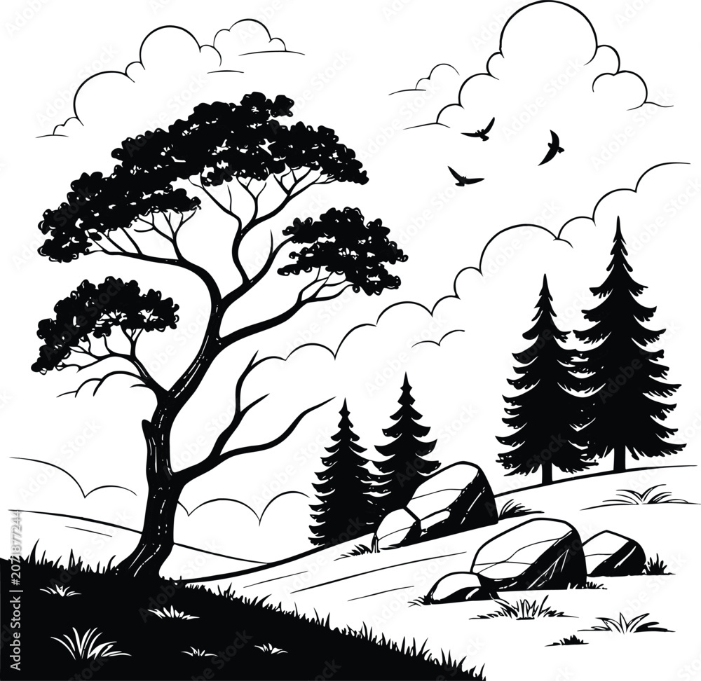 Fototapeta premium Black and white landscape, tree silhouette, forest scenery, vector illustration, nature background