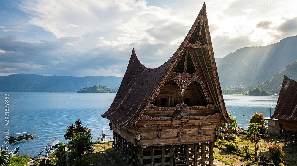 Obraz premium Traditional Batak Toba House (Rumah Adat) Overlooking Scenic Lake Toba with Mountain Backdrop and Sunlight in North Sumatra, Indonesia