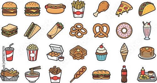 Foto Fast Food and Street Snack Color Icon Set with Burgers Hot Dogs French Fries Piz