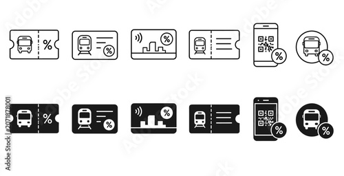 Public transportation ticket and travel pass outline icon set with bus ticket transit card QR code and mobile payment vector illustration