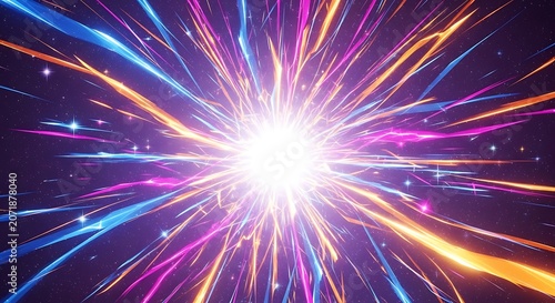 Vibrant exploding starburst of neon light trails