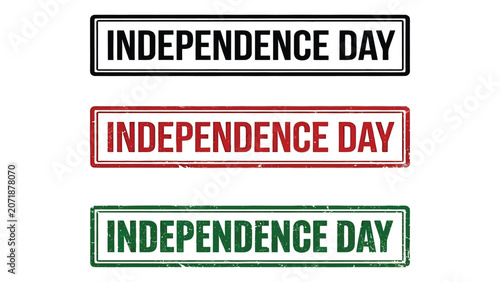 Φωτογραφία Rubber stamps displaying the text Independence Day appear in three distinct colors on a clean white background
