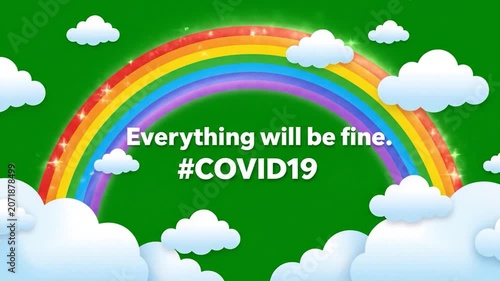 Colorful rainbow with clouds and positive message on green background