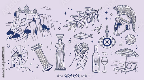Set of handdrawn greek culture icons including ancient architecture, food, and symbols