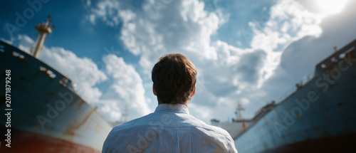 Navigating Ambition: A man in a white shirt stands with his back to the camera, gazing at two enormous cargo ships docked side-by-side under a vast, cloud-filled sky.