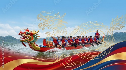 Asian men in athletic team jerseys paddling a dragon boat in a race on a lake with mountains in the background