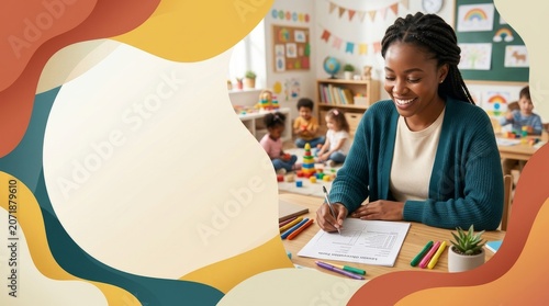 Smiling Black teacher in teal cardigan, writing on lesson form at desk in vibrant preschool classroom.