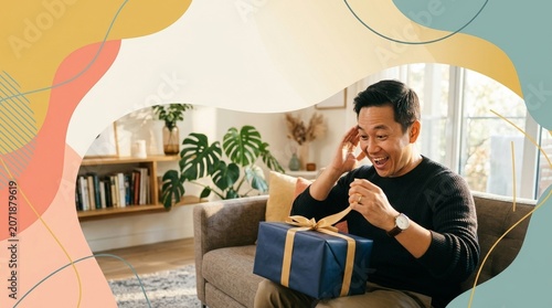 Asian man in casual wear opening a gift box at home