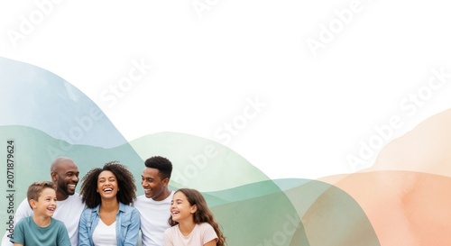 A diverse, happy family in casual clothing laughing together outdoors with abstract watercolor background.