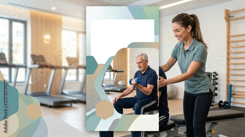Elderly man doing bicep curls with dumbbells while physical therapist guides him in gym setting