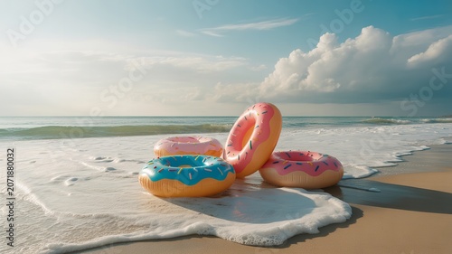 Colorful inflatable donut shaped pool rings resting on sandy beach with ocean waves and sunlight creating playful summer atmosphere
