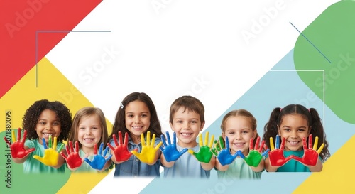 Diverse group of children showing colorful painted hands with joy against a modern abstract background