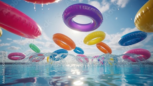Colorful inflatable swim rings bouncing above water with splashes under sunlight creating playful summer leisure and festive atmosphere