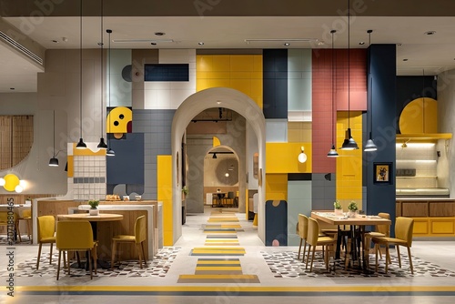Bright, modern restaurant with geometric tile design