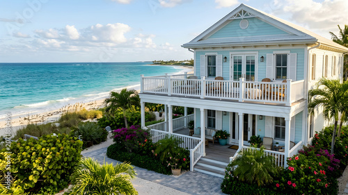 Serene coastal haven featuring a two-story pastel blue and white beach house with spacious balcony overlooking turquoise ocean views