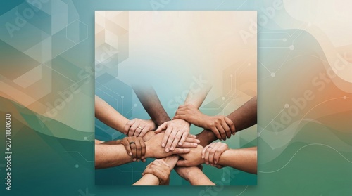 Diverse hands in a huddle showing unity and support against a digital background.