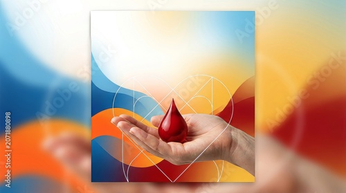 Woman's open palm cradles a red blood drop against a heart diagram and abstract background.