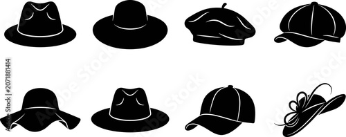 Quadro su tela Set of Hat Silhouettes Featuring Fedora, Sun Hat with Bow, Beret, Newsboy Cap, B