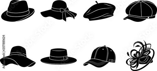 Bild auf Leinwand Set of Hat Silhouettes Featuring Fedora, Sun Hat with Bow, Beret, Newsboy Cap, B