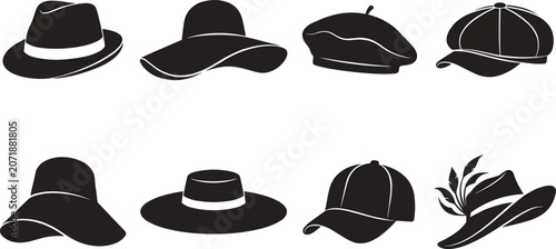 Canvastavla Set of Hat Silhouettes Featuring Fedora, Sun Hat with Bow, Beret, Newsboy Cap, B