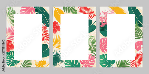 Tropical Leaves Page Border. Abstract summer background poster. Hand-Drawn Textured Style Vector Illustration.
