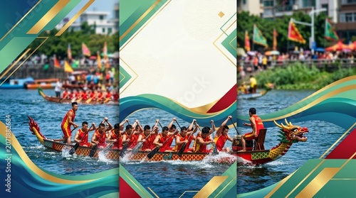Asian men in red racing attire paddle a dragon boat on water with a blurred crowd and flags in the background. Athletes compete in a dragon boat race on a sunny day.