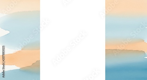 Abstract watercolor background with soft wash of blue, peach, and earth tones. Blank white space for copy.