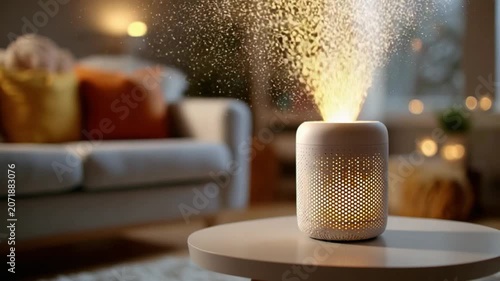 Aromatherapy Diffuser in Cozy Living Room: A stylish aromatherapy diffuser emits a fine mist of fragrant particles, creating a tranquil and inviting ambiance in a softly lit, modern living room.