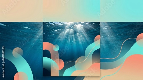 Underwater sunlight rays pierce blue ocean with abstract gradient shapes