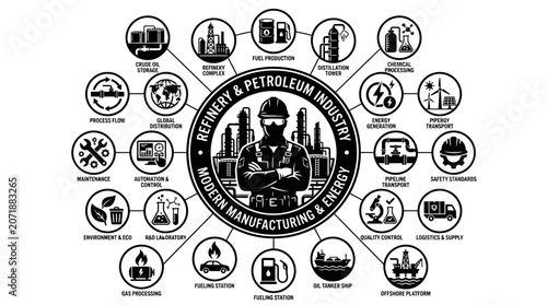 Oil and gas industry manufacturing icons.