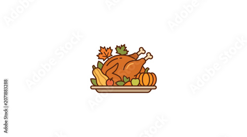 Thanksgiving Turkey Dinner Illustration with Autumn Harvest Vegetables