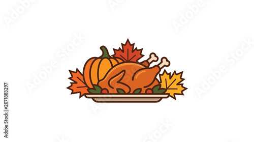 Thanksgiving Roasted Turkey Dinner with Pumpkin and Autumn Leaves
