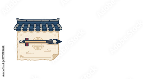 Traditional Asian Scroll with Calligraphy Brush Illustration