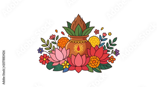 Traditional Kalash Pot with Coconut and Lotus Flowers Illustration