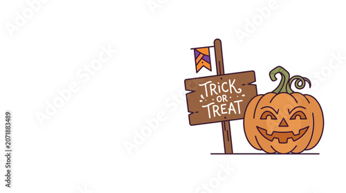 Trick or Treat Halloween Wooden Sign with Carved Pumpkin Illustration