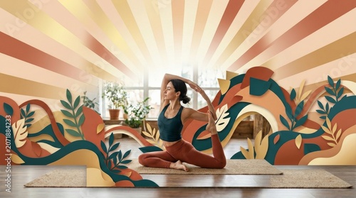 Young woman in athletic wear performs a King Pigeon pose on a yoga mat in a bright room with abstract paper art background