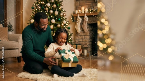 Black father and daughter opening Christmas presents by a decorated tree in a cozy living room.