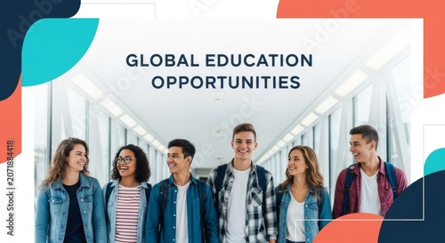 Diverse young adults walking in bright modern hallway with backpacks