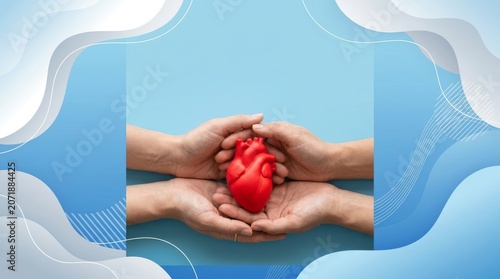 Diverse hands gently cup a red heart model against a blue background.