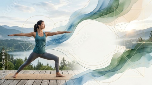 Young woman in activewear practicing warrior II pose on wooden deck by lake