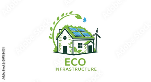 Eco infrastructure logo with house and renewable energy.