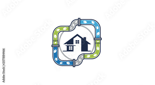 A house icon surrounded by a colorful road.