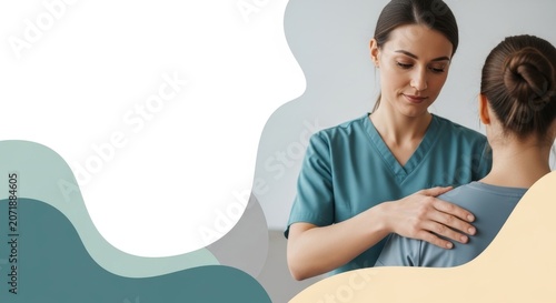 Young female healthcare professional with hands on patient's shoulder in clinic setting