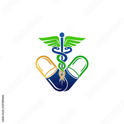 Medical symbol with pills and staff.