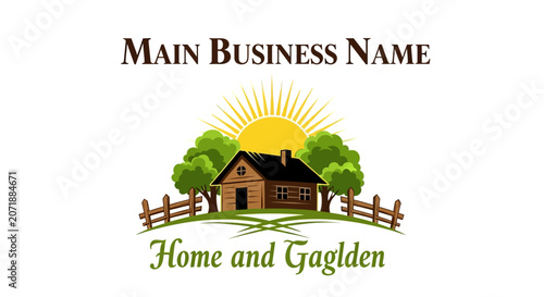 A logo for a home and garden business with a house and trees.