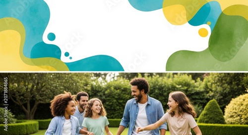 Multi-ethnic family smiling and walking together in a manicured garden during a sunny day.