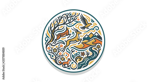 Circular illustration of nature with animals and mountains.
